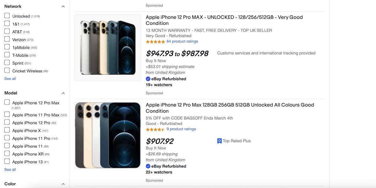 screenshot of iphone listings on ebay