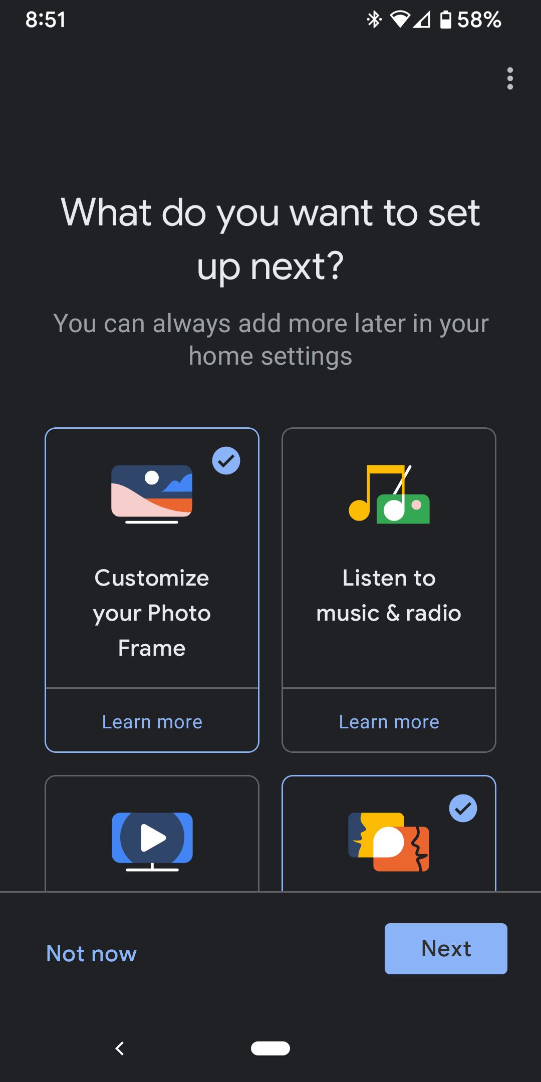 Set up new features screen on Google Home app.