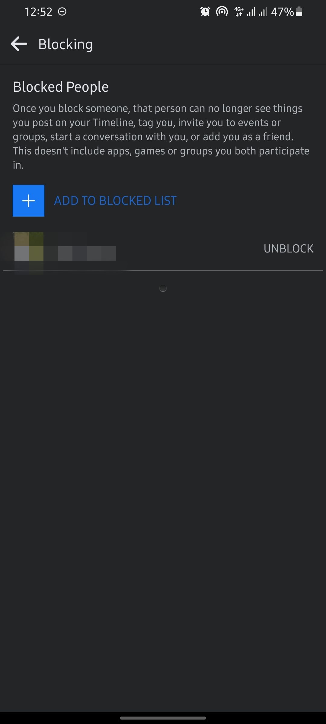 screenshot of blocked list on facebook app