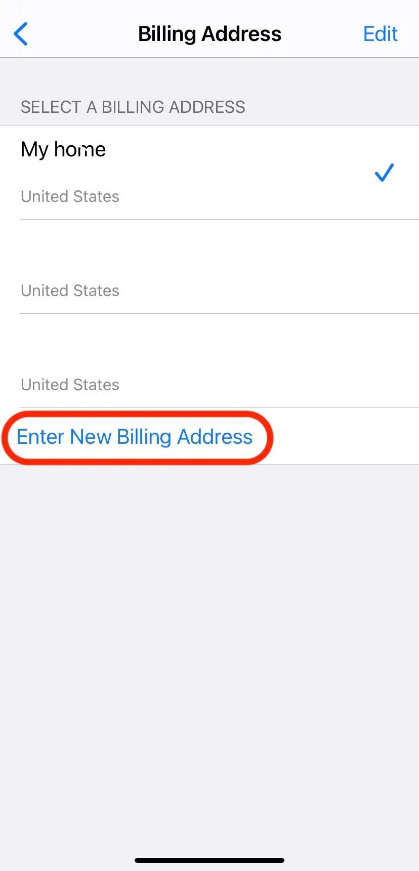 Screenshot of changing the billing address