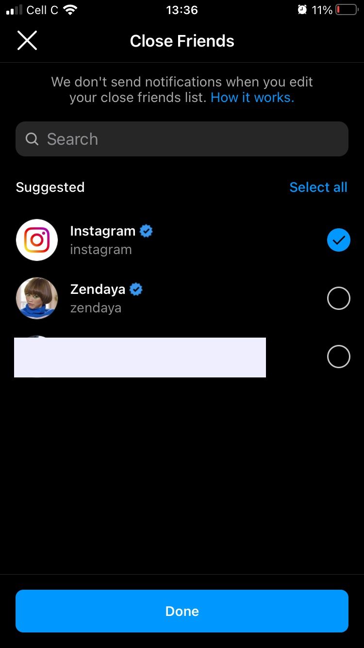 screenshot of close friends add page on instagram