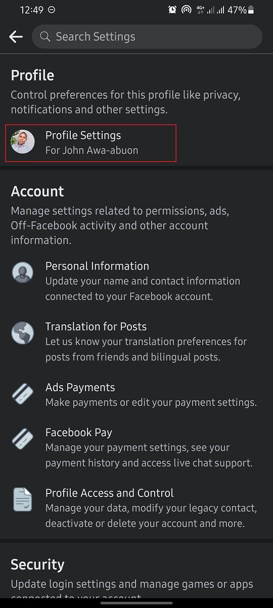 screenshot of facebook settings page on mobile