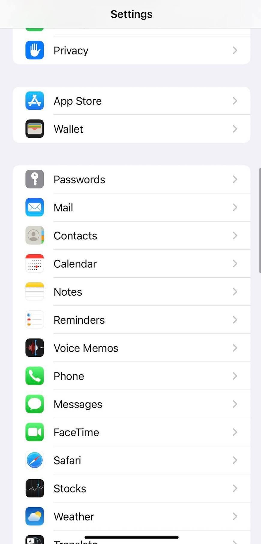 Screenshot of the iPhone settings wallet