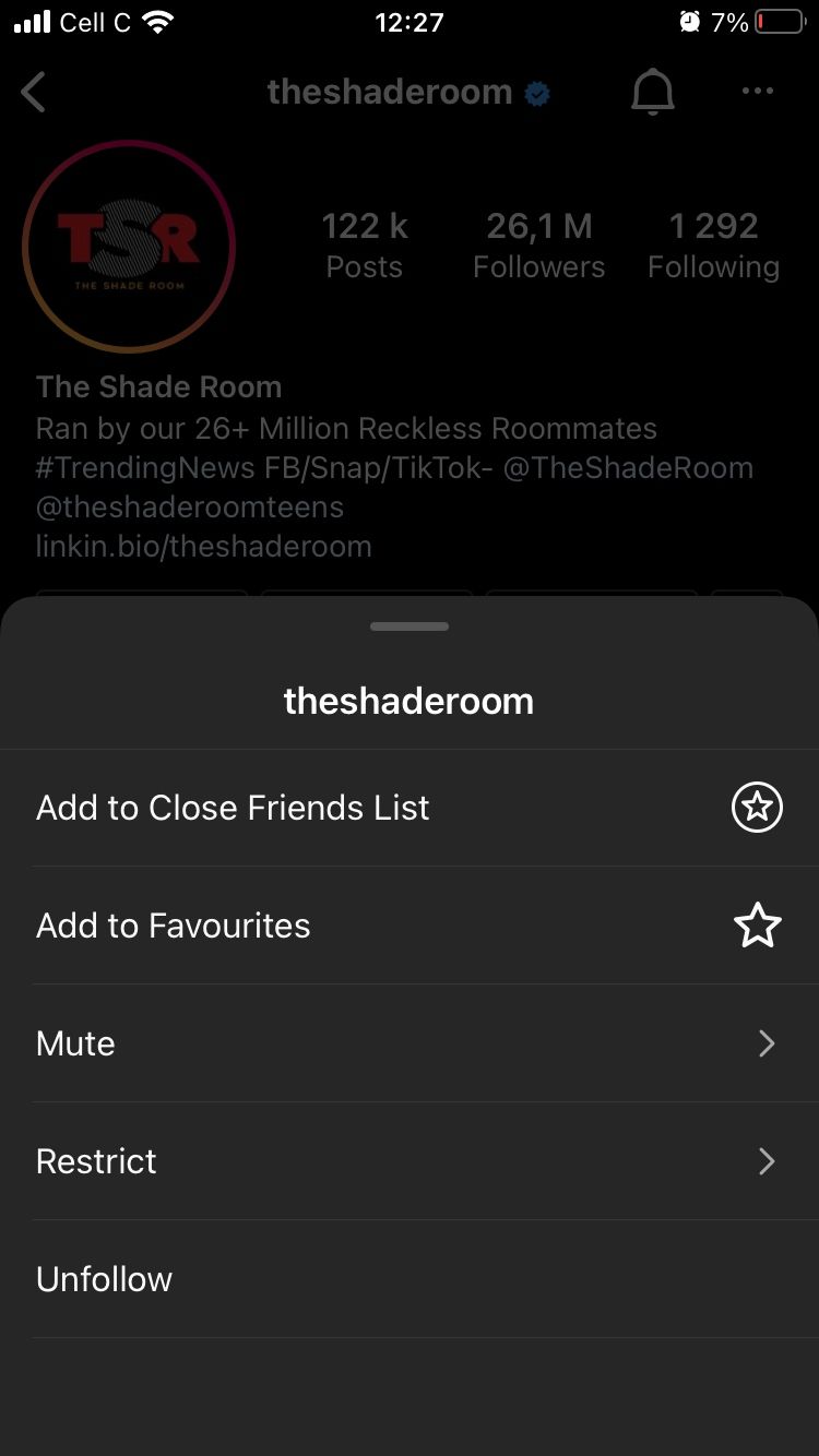 Screenshot des Shaderoom-Profilmenüs auf Instagram