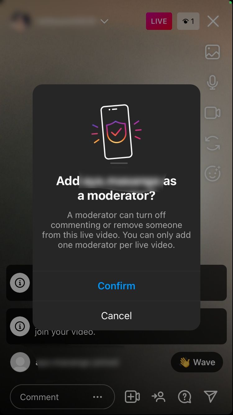 screenshot showing confirmation prompt for adding instagram moderator