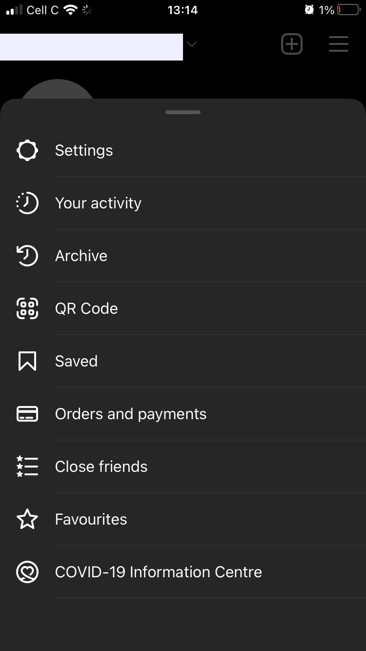 screenshot showing menu options on instagram profile