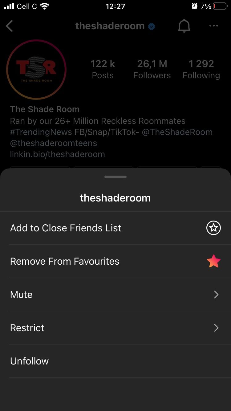 Screenshot mit Option zum Entfernen des Shaderoom aus der Favoritenliste auf Instagram