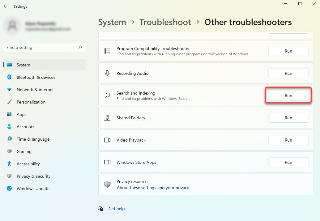 running search and indexing troubleshooter