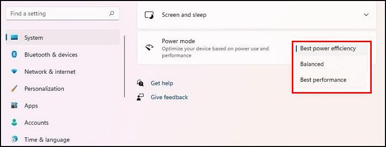 Choose a Power mode from Windows Settings
