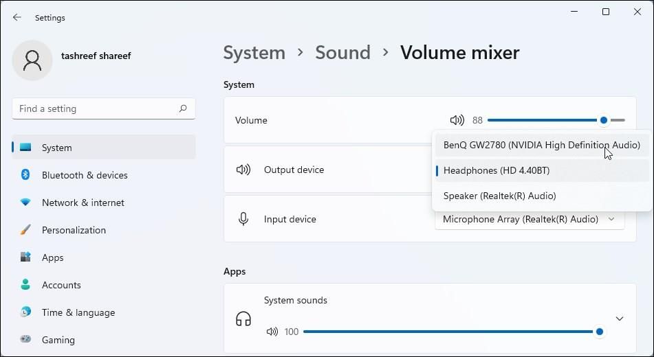 select output device sound volume mixer