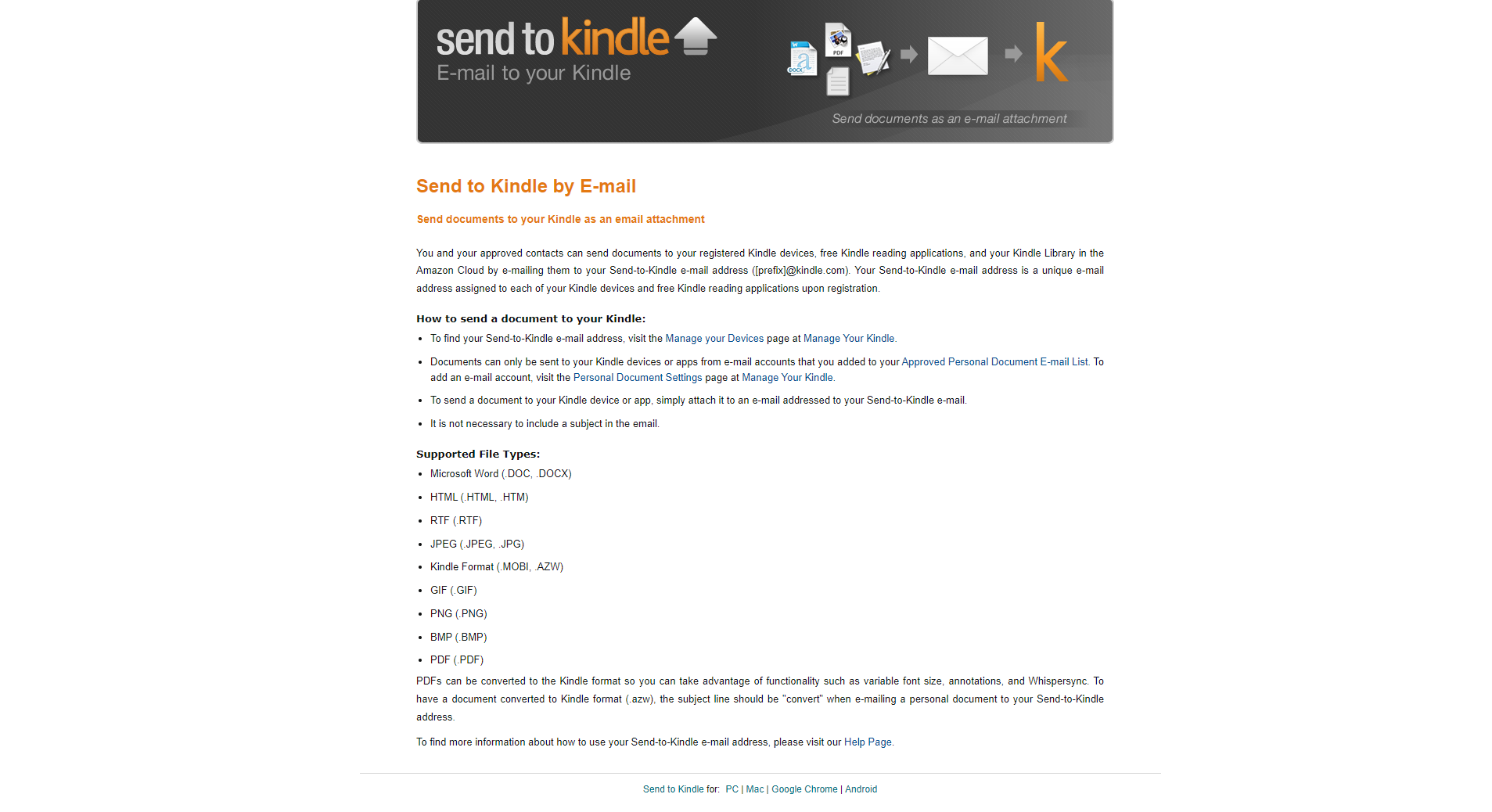 Screenshot of Send to Kindle webpage