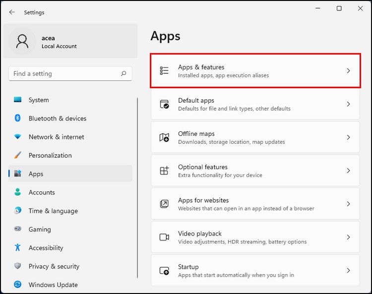 Apps and features settings 