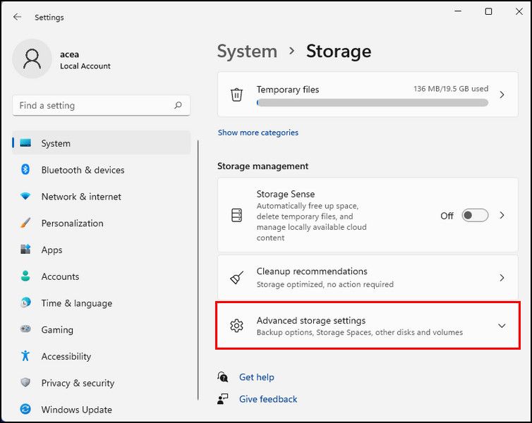 Advanced storage settings Windows 11