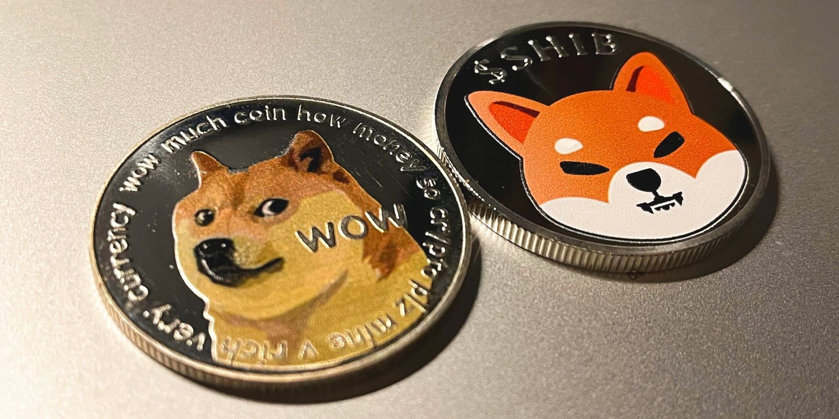 shiba inu and dogecoin next to each other on table