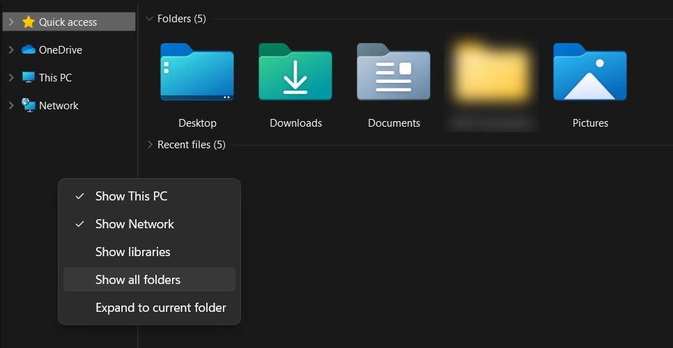 Choosing the "Show all folders" option in Windows 11.