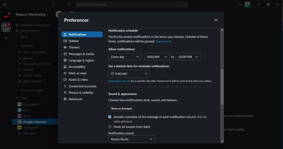 Screenshot showing Slack's customization settings