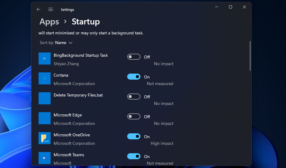 The startup options in Settings