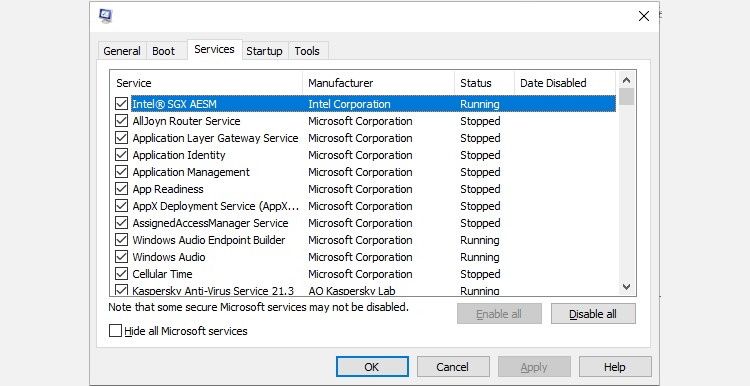 system configuration dialog box