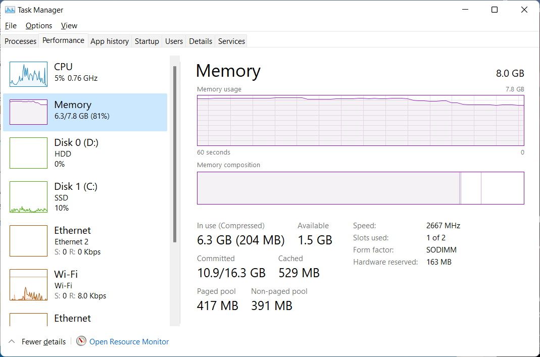 Memory tab in task manager.