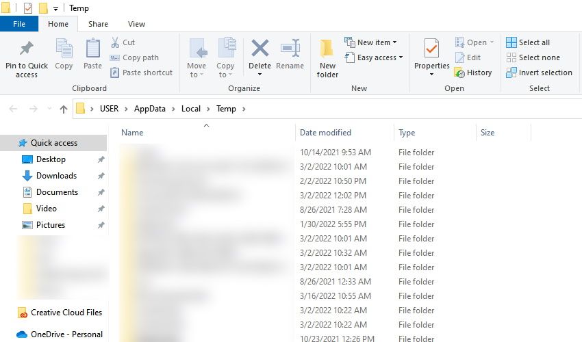 Temp folder in Windows 10.