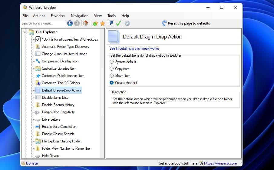 The Default Drag-n-Drop Action option 