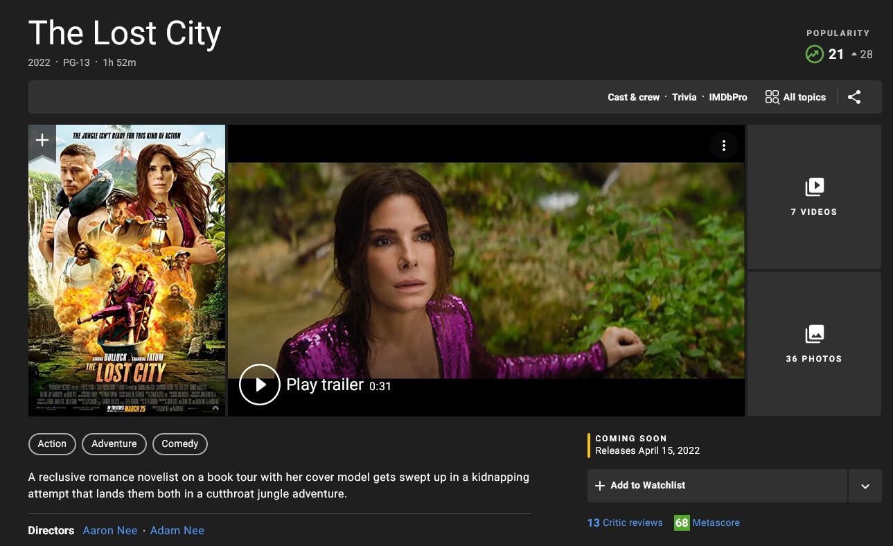 the lost city movie page on imdb