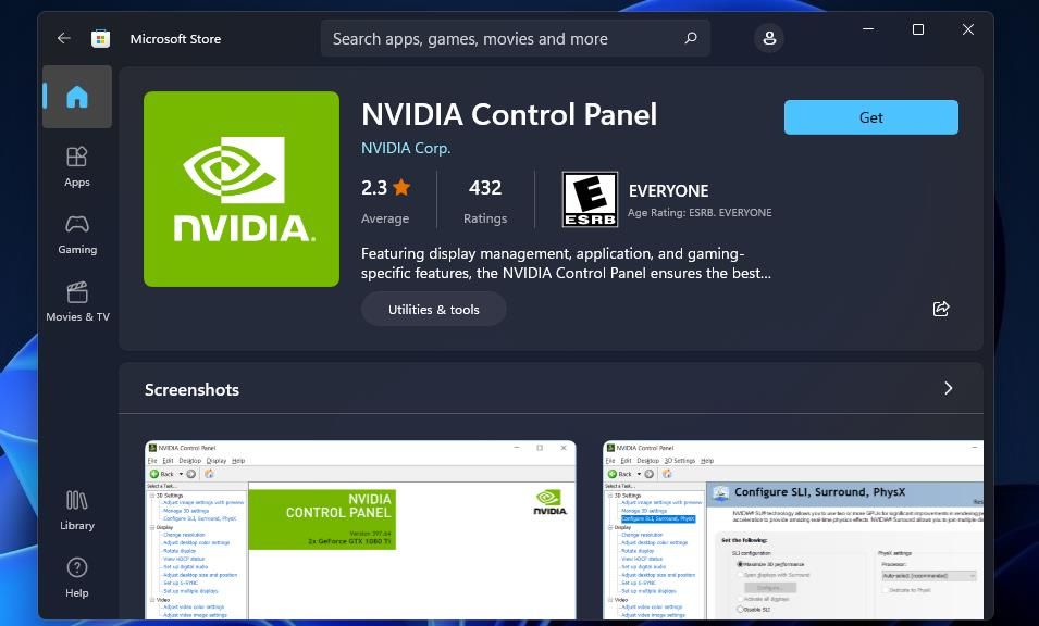 The NVIDIA Control Panel's Get button 