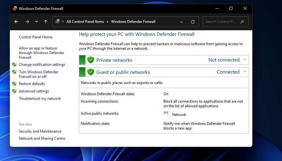 The Windows Defender Firewall Control Panel applet
