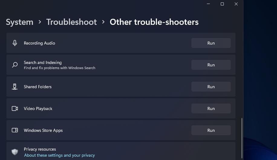 The Run button for the Windows Store Apps troubleshooter 