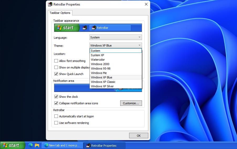 A restored Windows XP taskbar