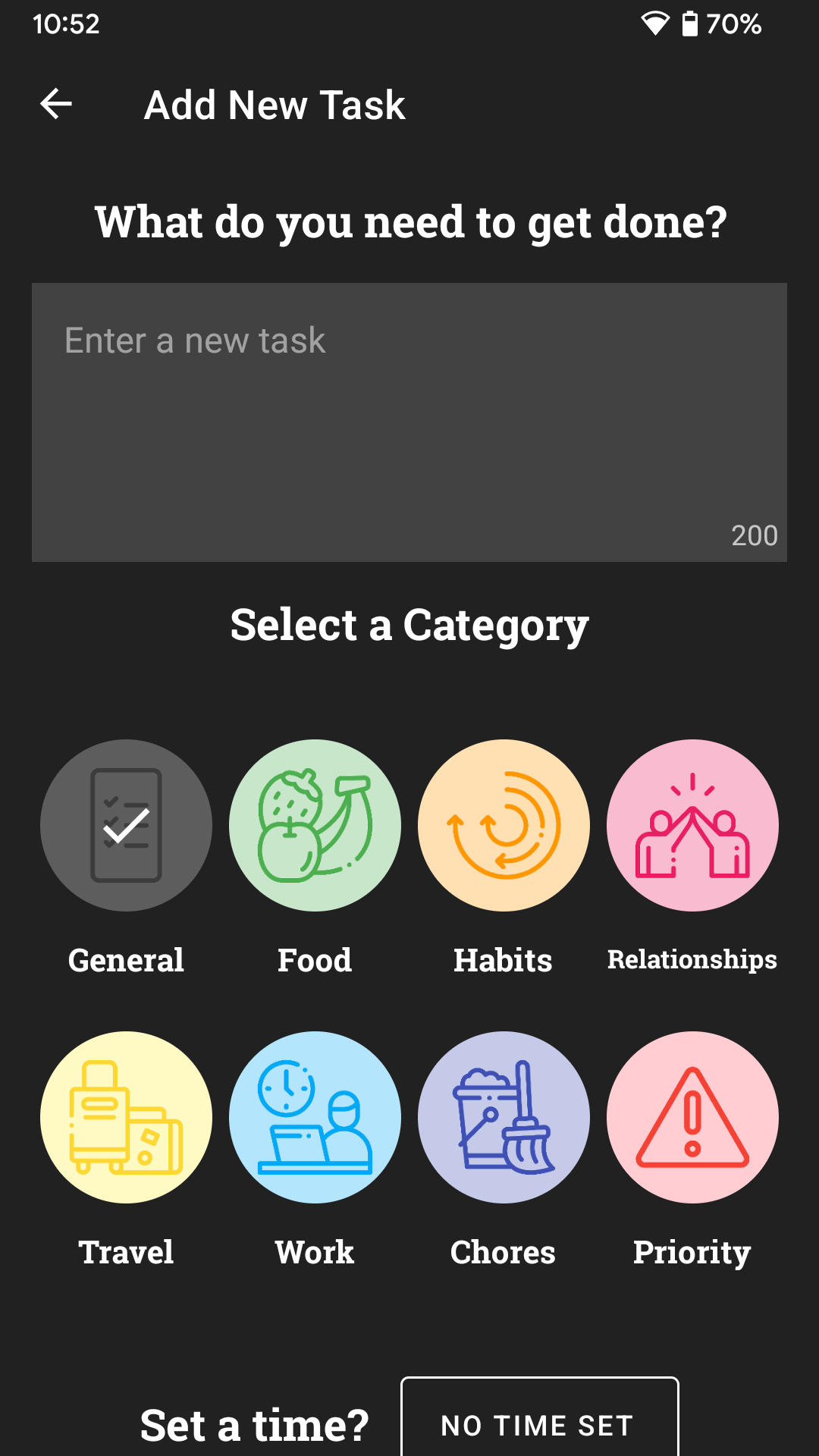 adding a new task and selecting a category
