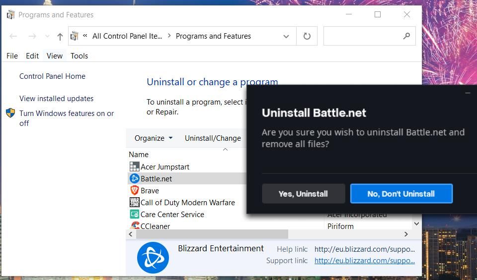 پنجره Uninstall Battle.net
