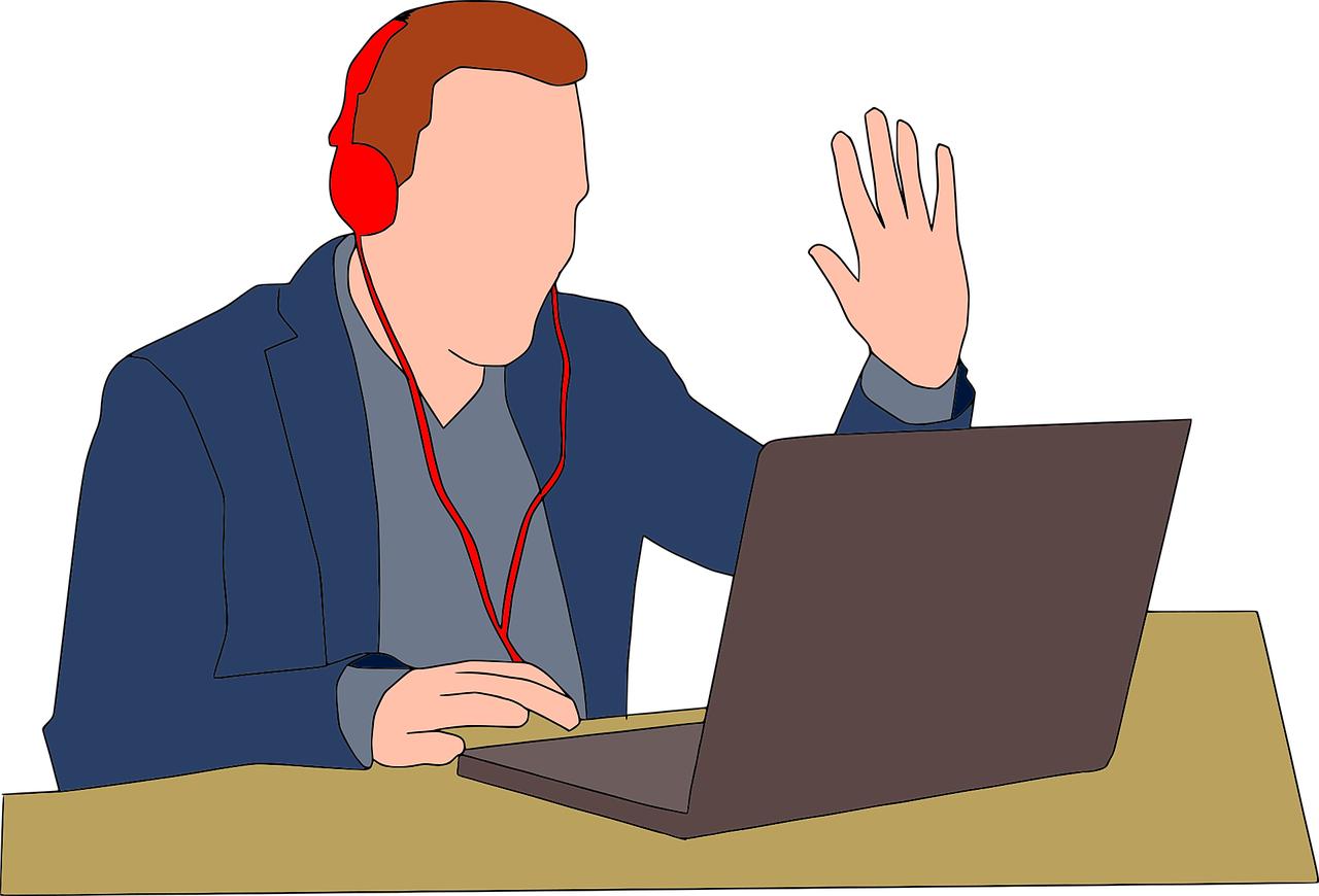 Illustration of Person Wearing Headphones and Waving at Laptop