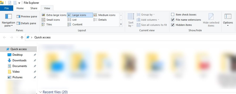 View tab in Windows 10 File Explorer.