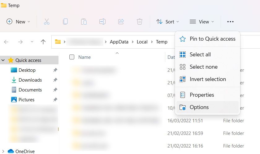 Selecting view options in File Explorer in Windows 11.