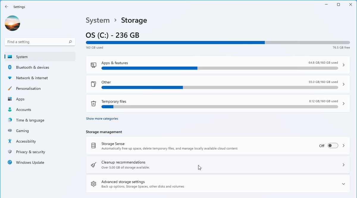 The Windows 11 storage settings pane