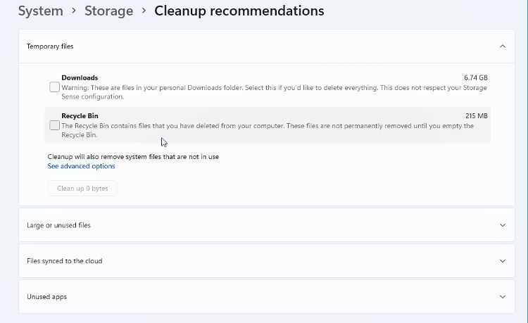 The Windows 11 Cleanup Recommendations menu