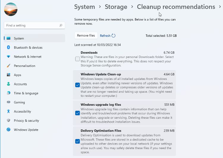 Windows 11 storage pane showing temporary files