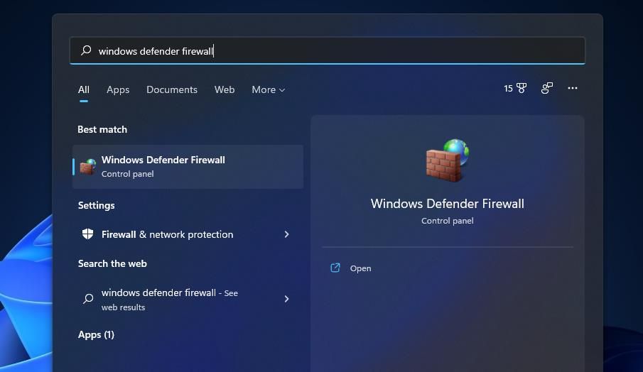 A Windows Defender Firewall search 