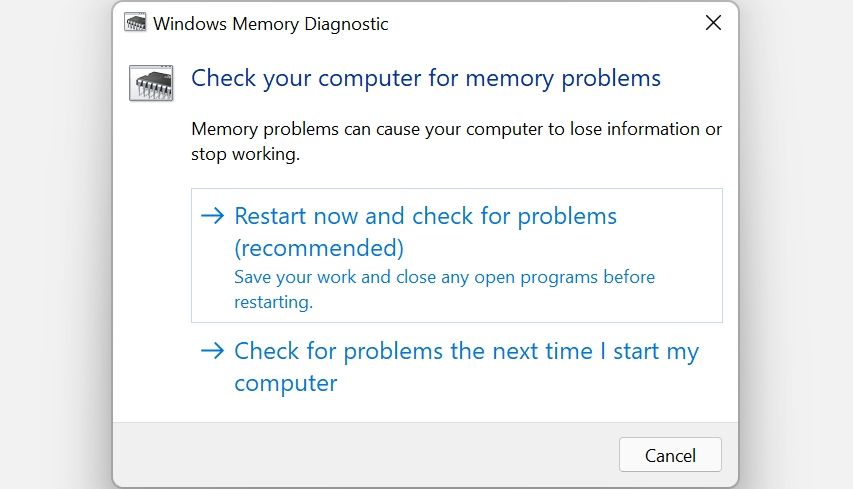 The Windows Memory Diagnostic tool in Windows 11.