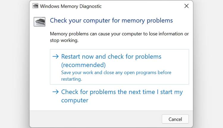 The Windows Memory Diagnostic tool in Windows 11.