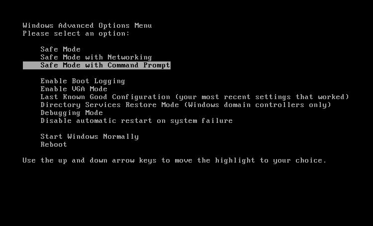 windows xp safe mode command prompt option