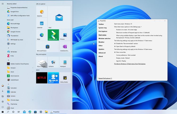 the Windows 10 start menu in Windows 11