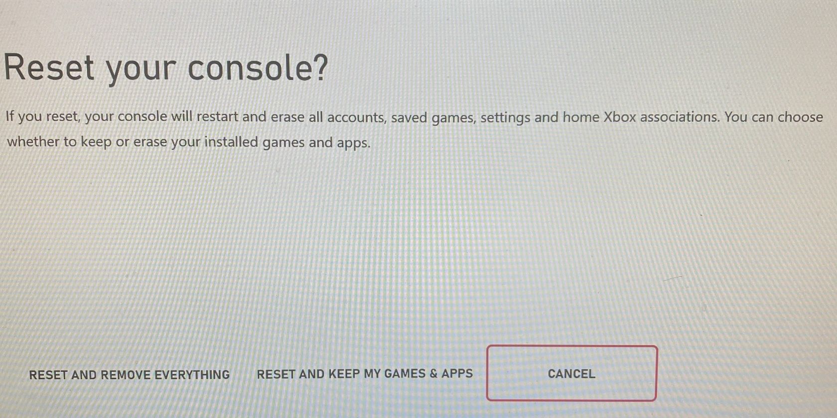 The Reset Console dialog box on the Xbox One.