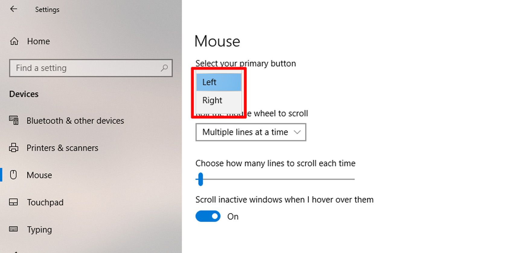 Switching primary mouse button in Windows 10