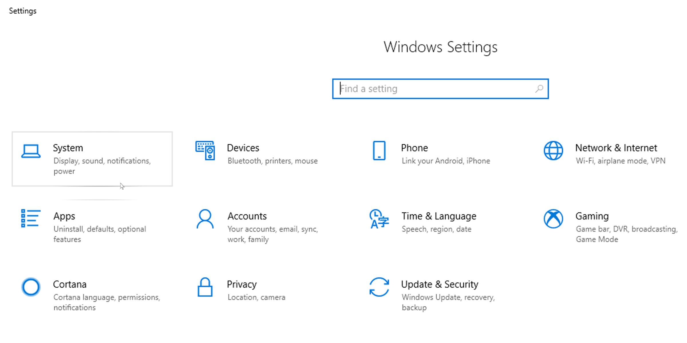 Windows system settings