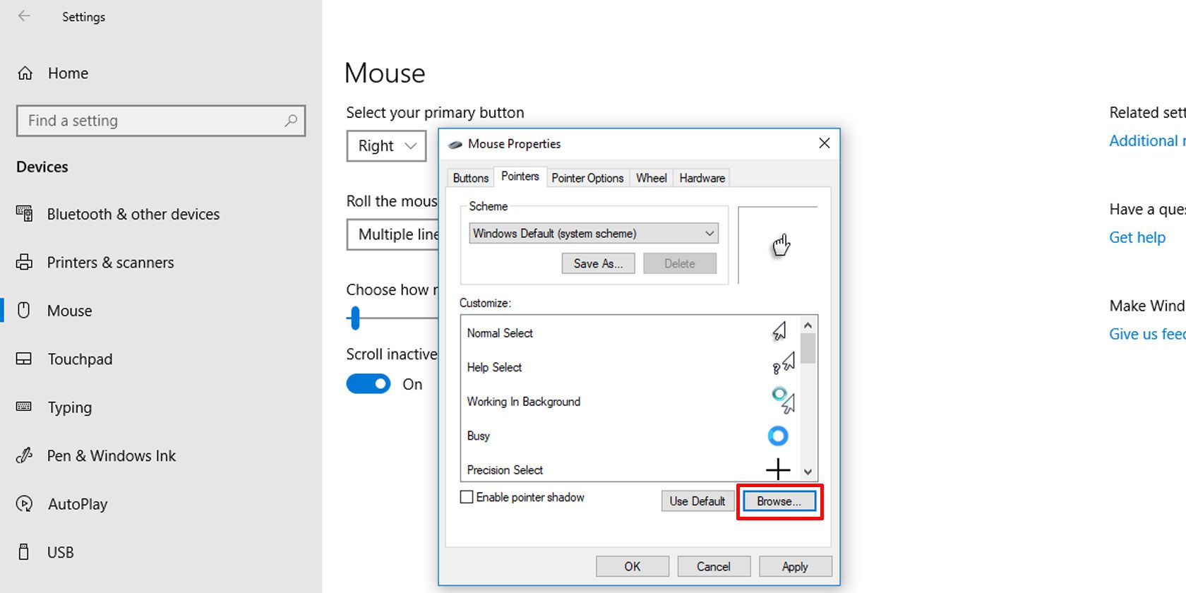 Customize mouse pointers in Windows 10