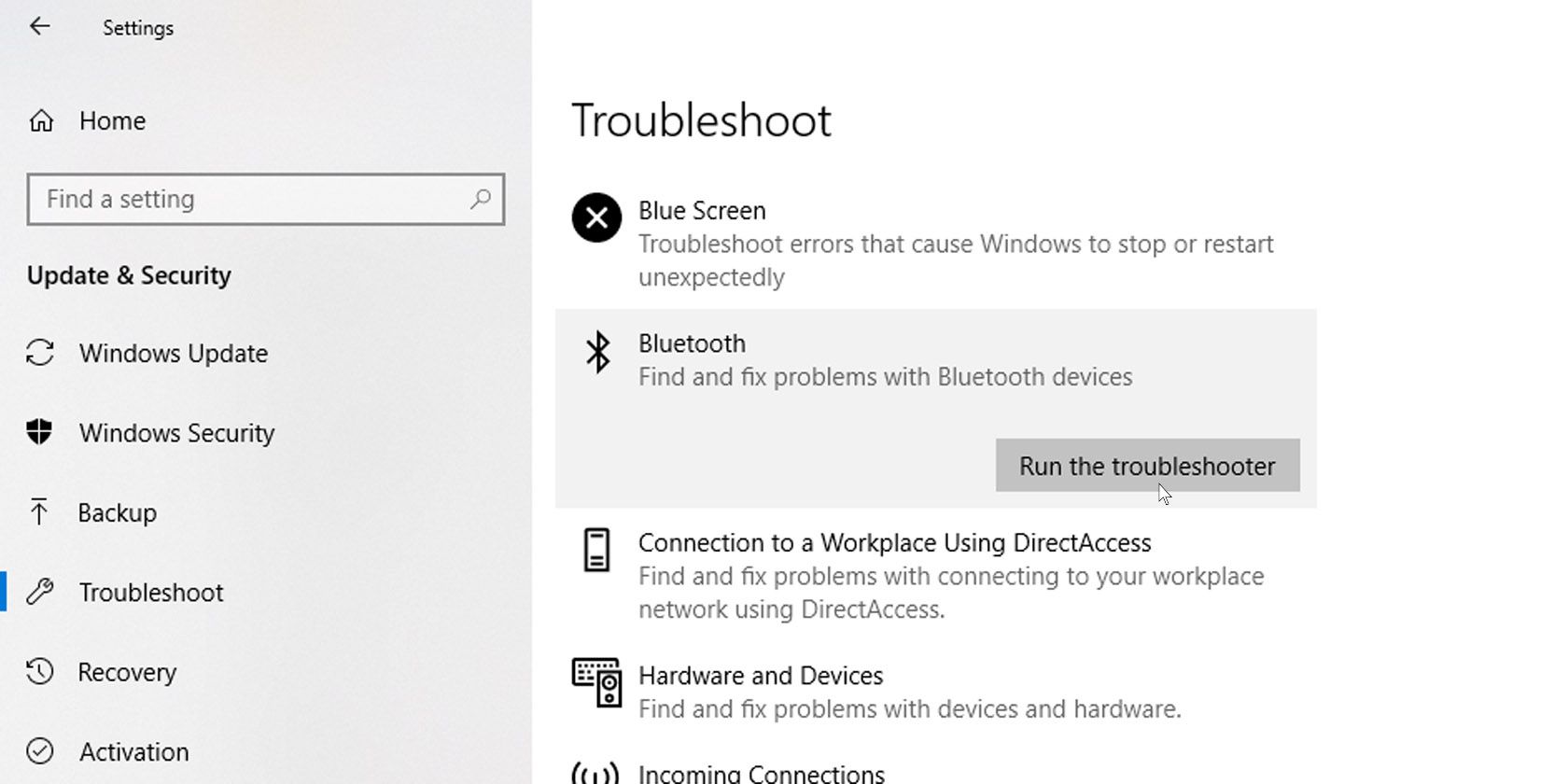Open the Bluetooth troubleshooter