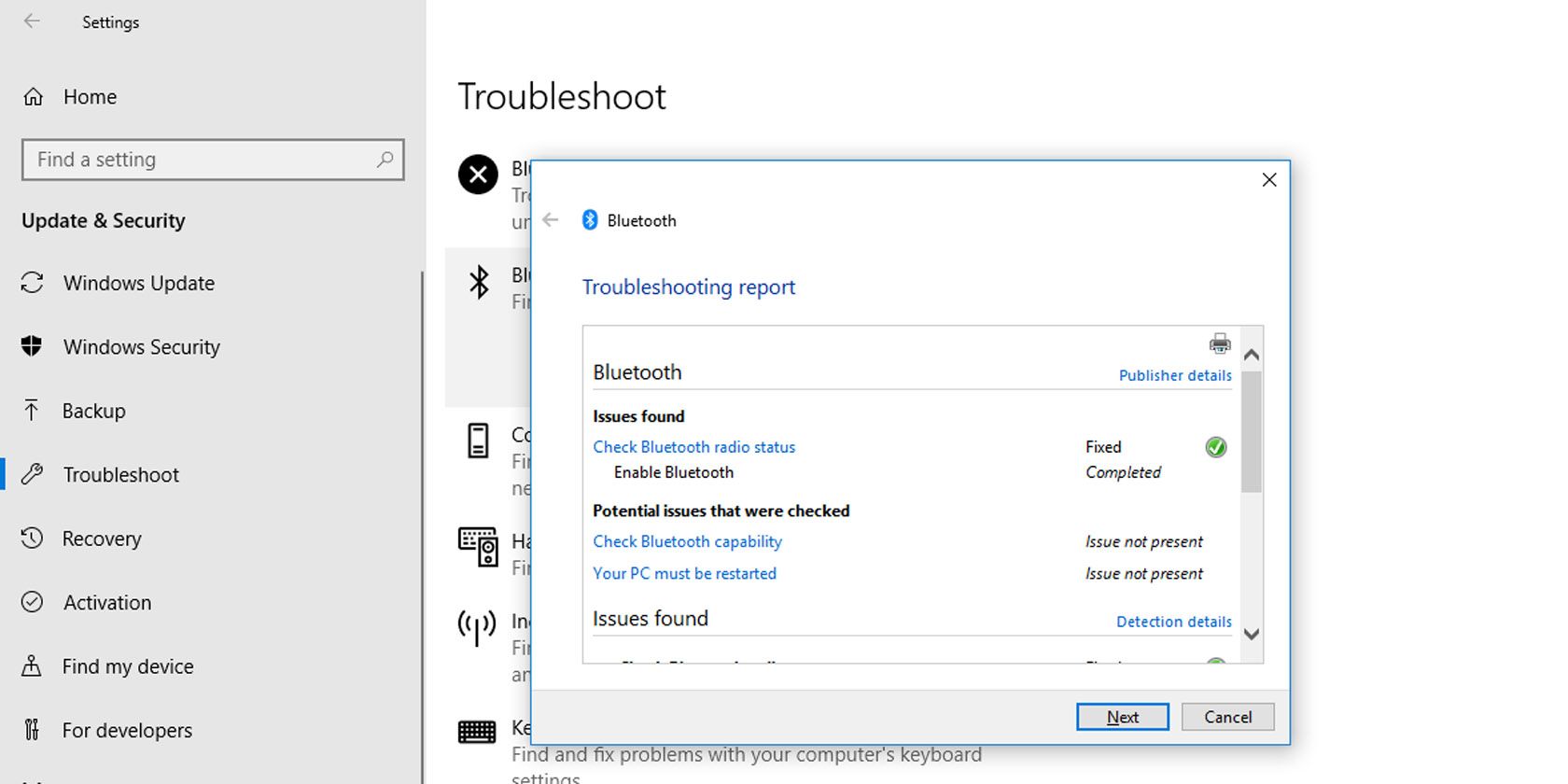 Bluetooth troubleshooting report
