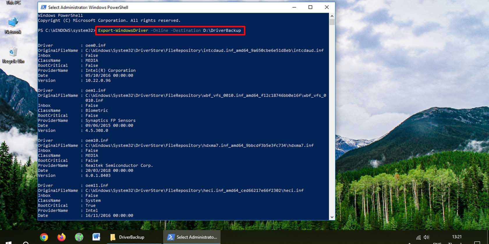 Creating Windows 10 driver backup in PowerShell